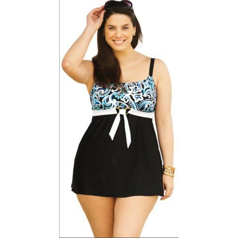 Cupshe Paisley Print Tankini Swim Dress Two Piece Set Black Blue White 3XL